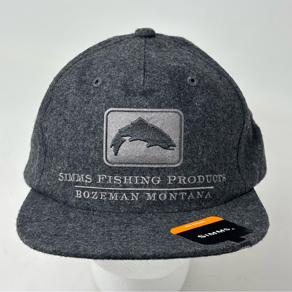 Simms Charcoal Gray Wool Fishing Cap with Embroidered Trout Patch